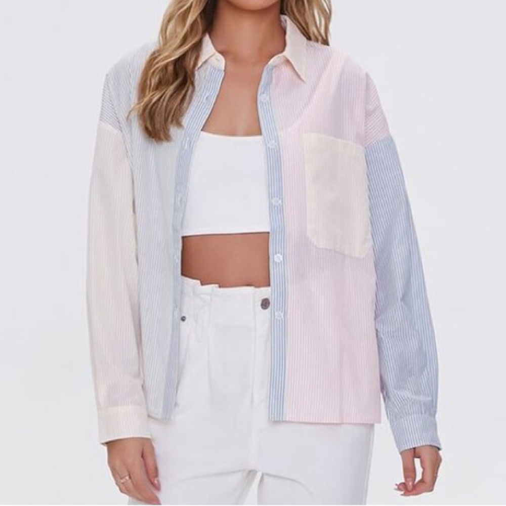 Striped Colorblock Button-Up Shirt